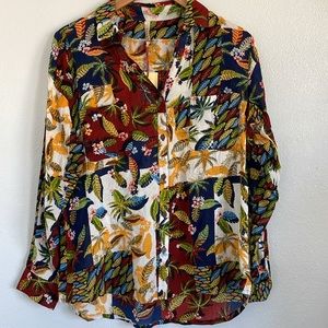 Raga Anthropologie Long Sleeve Boho Tropical Notch Collar Button Up Small‎